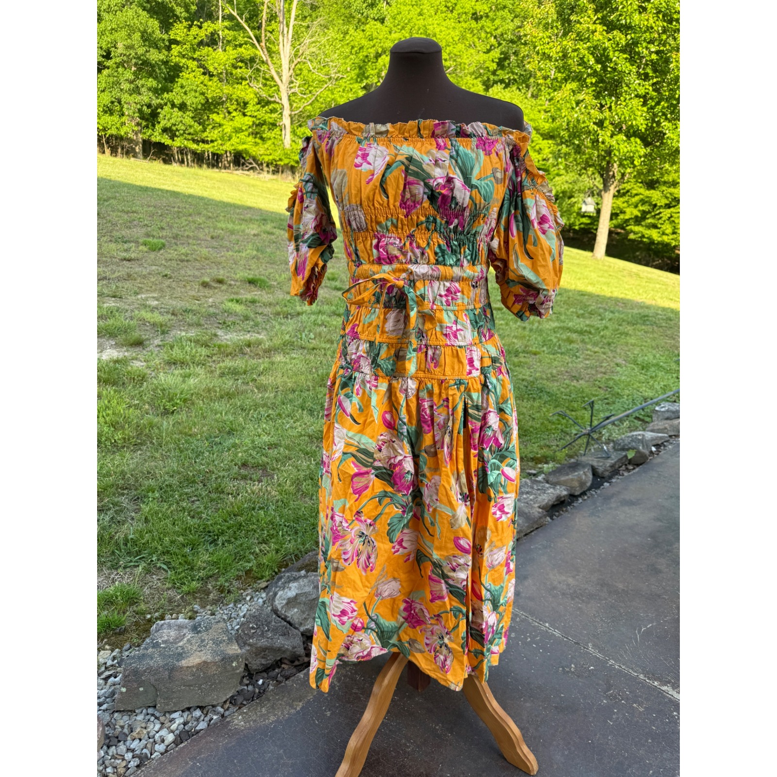 Anthropologie Love The Label Yellow Floral Smocked Off Shoulder Midi Dress Small